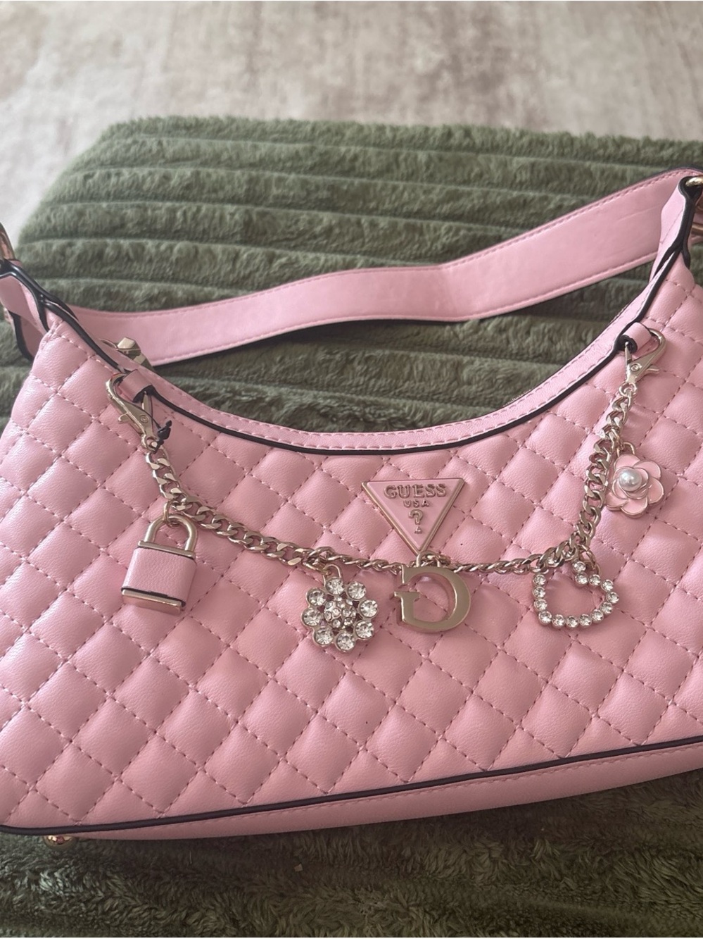 GUESS Pink Quilted Shoulder Bag with Crystal Charm Chain